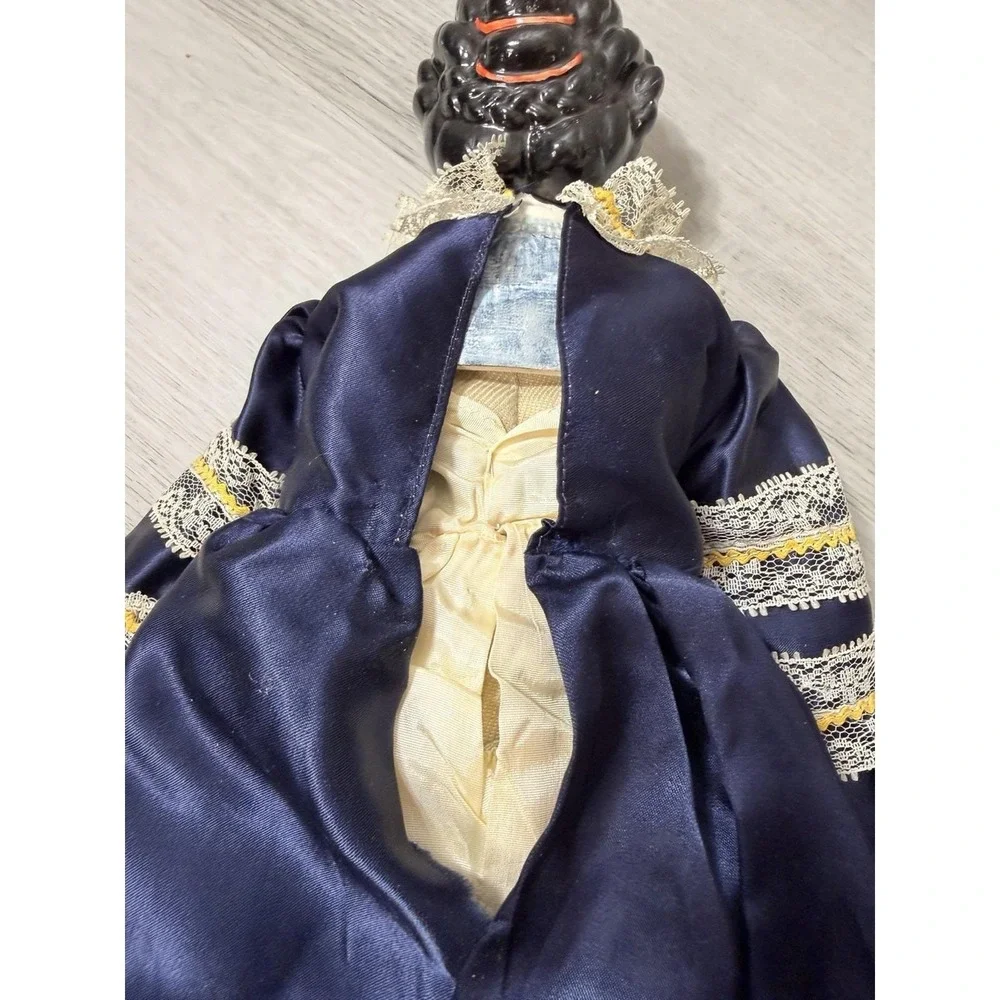 Vintage Handmade Ceramic China-Style Lady Doll 20 Inch Navy Satin Lace Dress